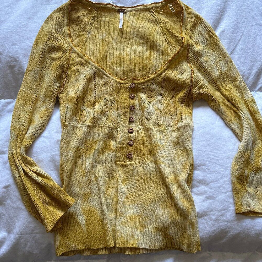 FP Yellow Tie Dye Rory Henley Three Quarter Sleeve Knit Top Size Sm